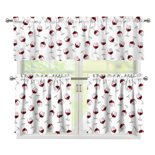 Glasses Of Wine Pattern Print 3 Piece Kitchen Curtains
