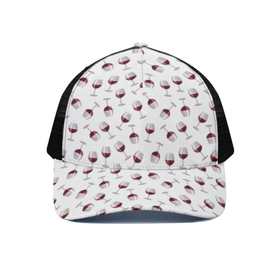 Glasses Of Wine Pattern Print Black Mesh Trucker Cap