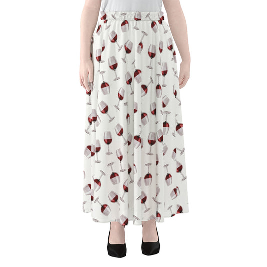 Glasses Of Wine Pattern Print Chiffon Maxi Skirt
