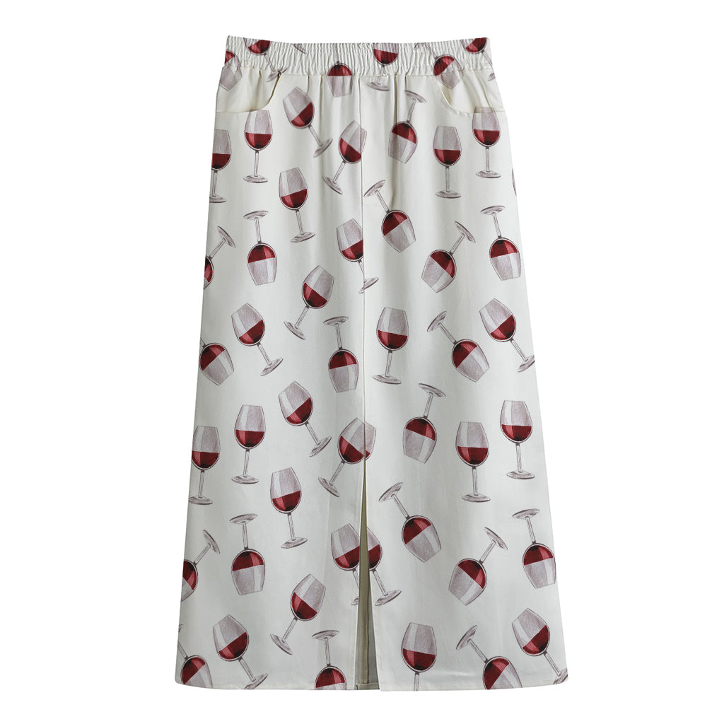 Glasses Of Wine Pattern Print Cotton Front Slit Maxi Skirt
