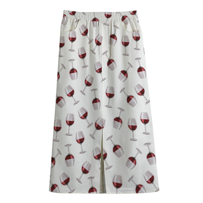 Glasses Of Wine Pattern Print Cotton Front Slit Maxi Skirt