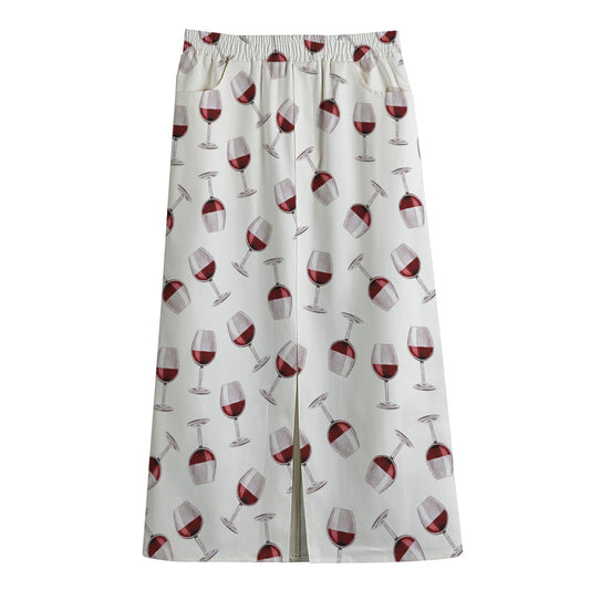 Glasses Of Wine Pattern Print Cotton Front Slit Maxi Skirt