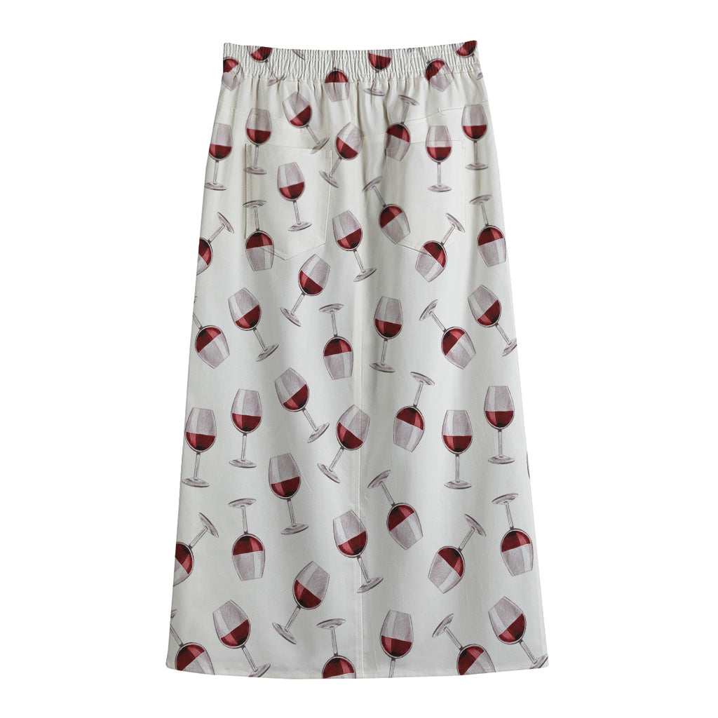 Glasses Of Wine Pattern Print Cotton Front Slit Maxi Skirt