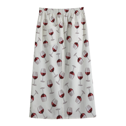 Glasses Of Wine Pattern Print Cotton Front Slit Maxi Skirt