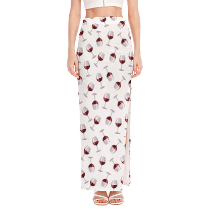 Glasses Of Wine Pattern Print High Slit Maxi Skirt