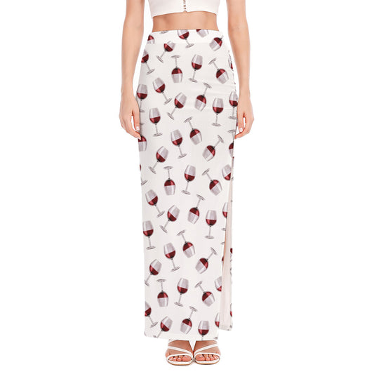 Glasses Of Wine Pattern Print High Slit Maxi Skirt