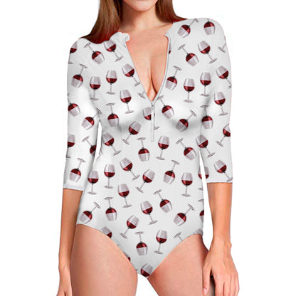 Glasses Of Wine Pattern Print Long Sleeve Swimsuit
