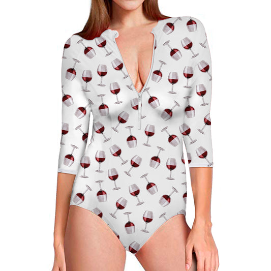 Glasses Of Wine Pattern Print Long Sleeve Swimsuit