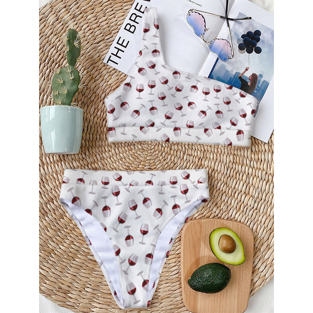 Glasses Of Wine Pattern Print One Shoulder Bikini Top