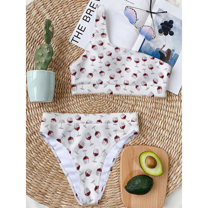 Glasses Of Wine Pattern Print One Shoulder Bikini Top