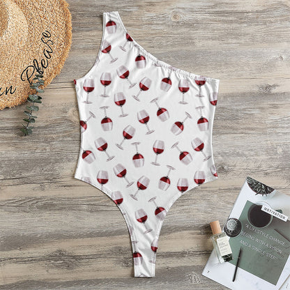 Glasses Of Wine Pattern Print One Shoulder Bodysuit
