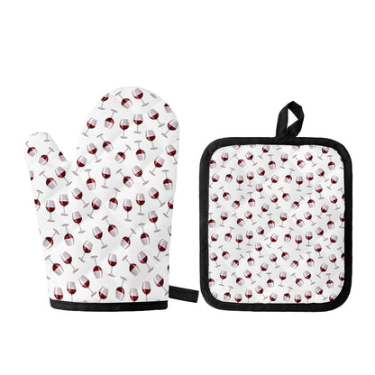 Glasses Of Wine Pattern Print Oven Mitt And Pot Holder Set