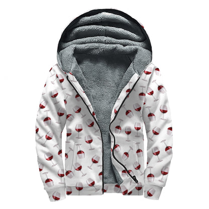 Glasses Of Wine Pattern Print Sherpa Lined Zip Up Hoodie