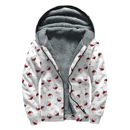 Glasses Of Wine Pattern Print Sherpa Lined Zip Up Hoodie