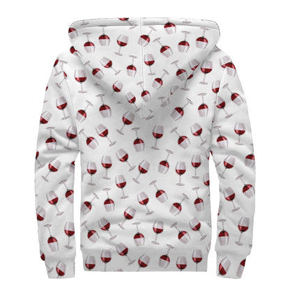 Glasses Of Wine Pattern Print Sherpa Lined Zip Up Hoodie