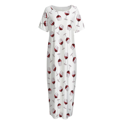 Glasses Of Wine Pattern Print Short Sleeve Long Nightdress