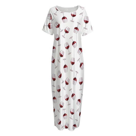 Glasses Of Wine Pattern Print Short Sleeve Long Nightdress
