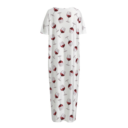Glasses Of Wine Pattern Print Short Sleeve Long Nightdress
