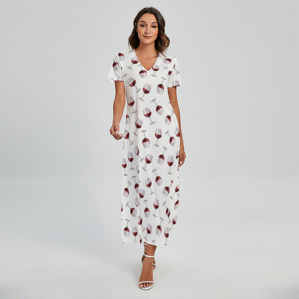 Glasses Of Wine Pattern Print Short Sleeve Maxi Dress