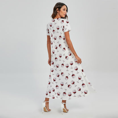 Glasses Of Wine Pattern Print Short Sleeve Maxi Dress