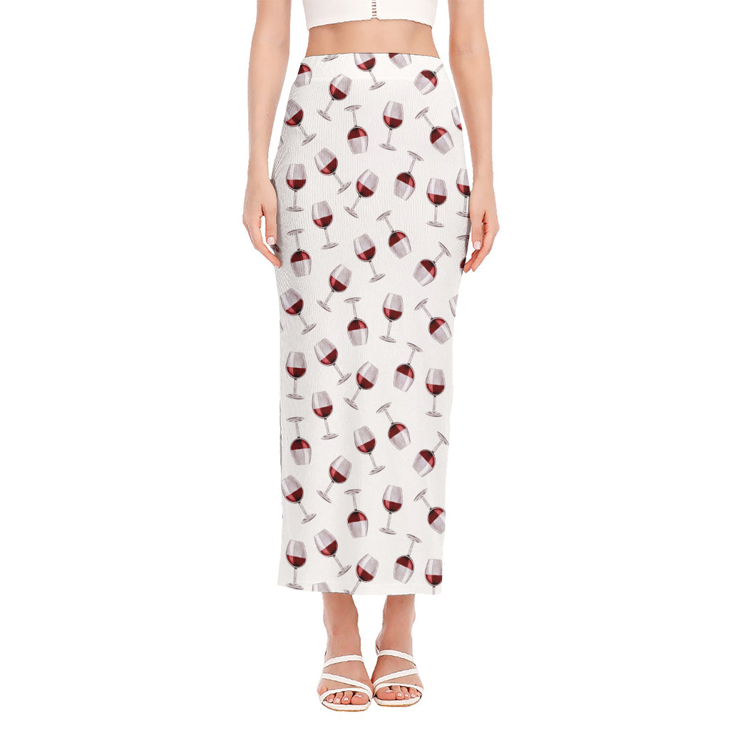Glasses Of Wine Pattern Print Side Slit Maxi Skirt