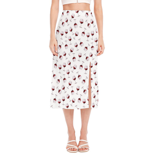 Glasses Of Wine Pattern Print Side Slit Midi Skirt