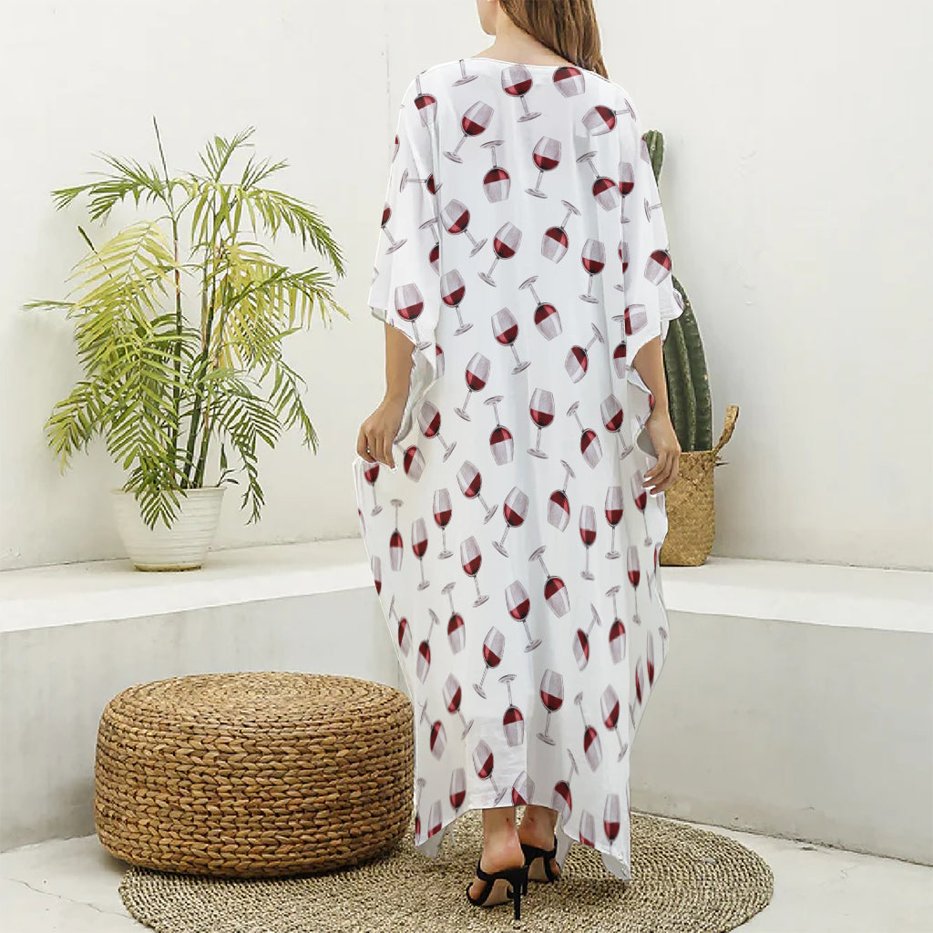 Glasses Of Wine Pattern Print Silk V-Neck Kaftan Dress