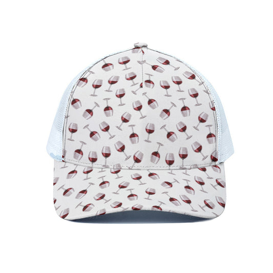 Glasses Of Wine Pattern Print White Mesh Trucker Cap