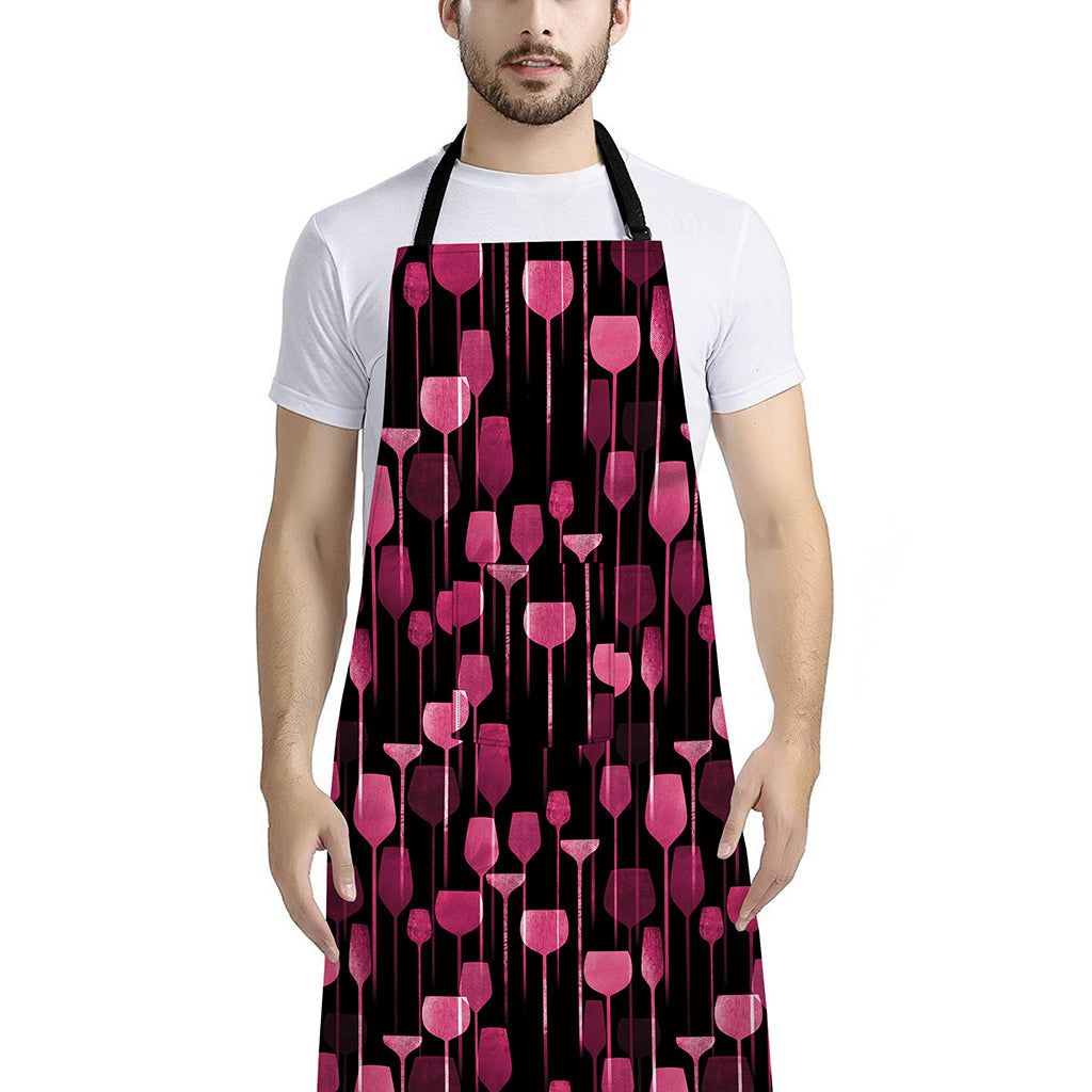 Glasses Of Wine Print Bib Apron With Pocket