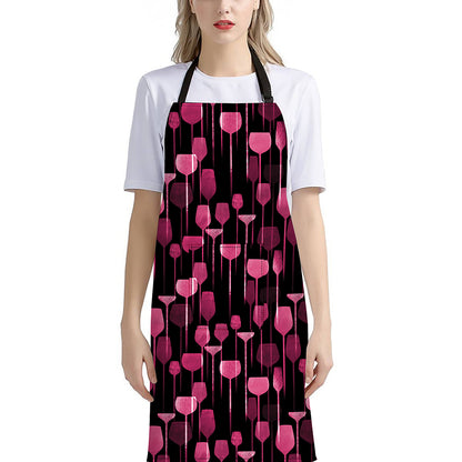 Glasses Of Wine Print Bib Apron With Pocket
