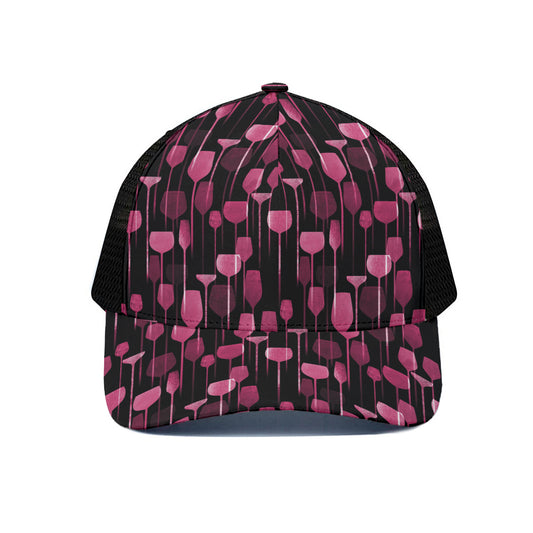 Glasses Of Wine Print Black Mesh Trucker Cap