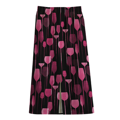 Glasses Of Wine Print Cotton Front Slit Maxi Skirt