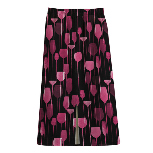 Glasses Of Wine Print Cotton Front Slit Maxi Skirt