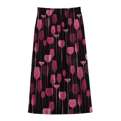 Glasses Of Wine Print Cotton Front Slit Maxi Skirt
