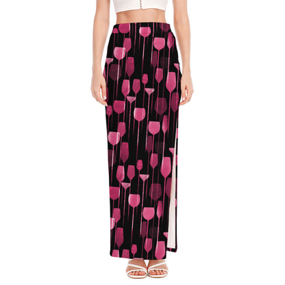 Glasses Of Wine Print High Slit Maxi Skirt