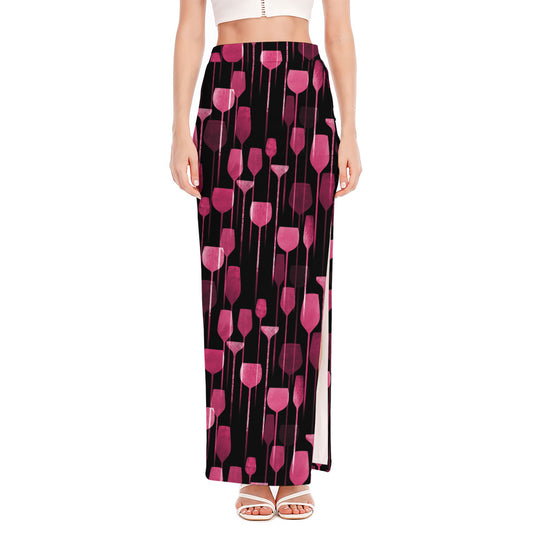 Glasses Of Wine Print High Slit Maxi Skirt