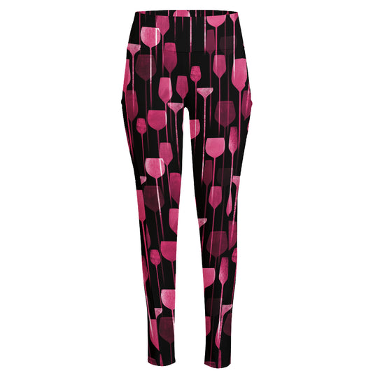 Glasses Of Wine Print High-Waisted Pocket Leggings