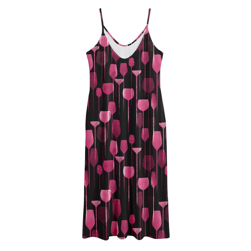 Glasses Of Wine Print Jersey Midi Cami Dress