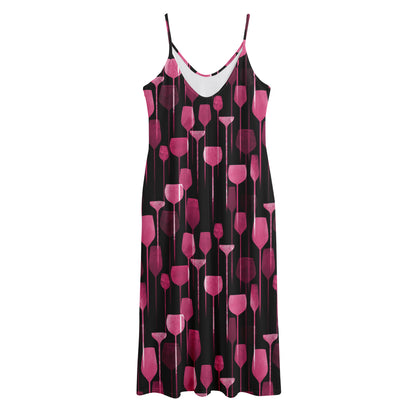 Glasses Of Wine Print Jersey Midi Cami Dress