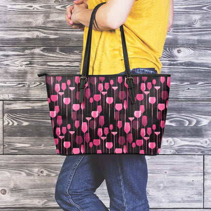 Glasses Of Wine Print Leather Tote Bag