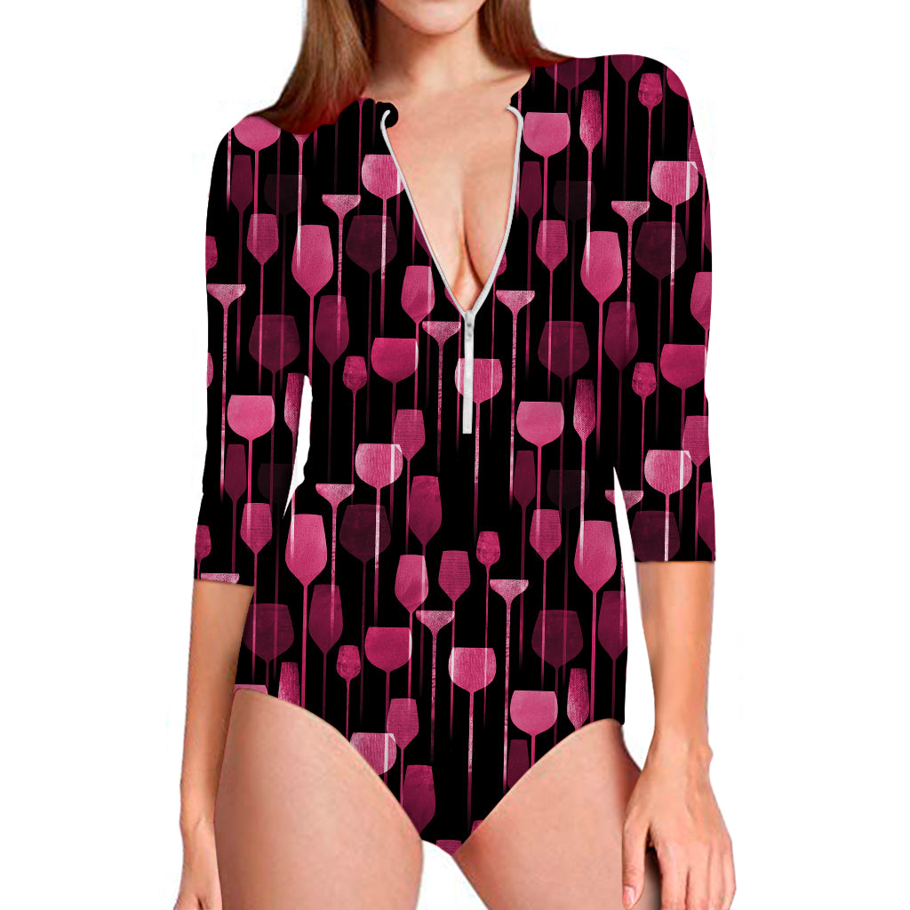 Glasses Of Wine Print Long Sleeve Swimsuit