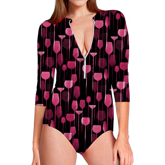 Glasses Of Wine Print Long Sleeve Swimsuit
