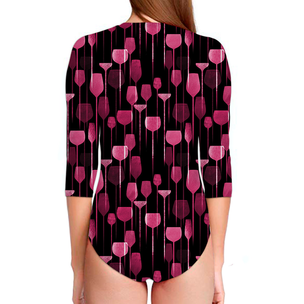 Glasses Of Wine Print Long Sleeve Swimsuit