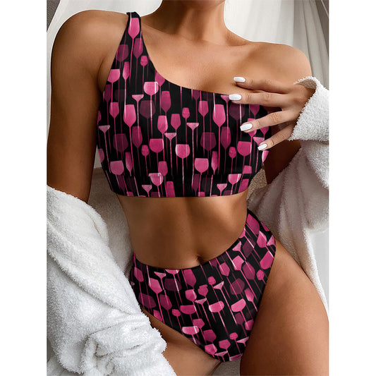Glasses Of Wine Print One Shoulder Bikini Top