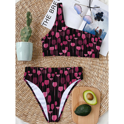 Glasses Of Wine Print One Shoulder Bikini Top