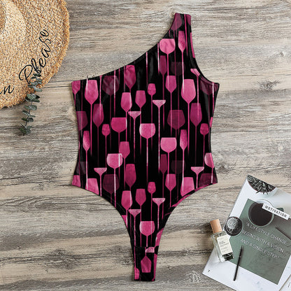 Glasses Of Wine Print One Shoulder Bodysuit