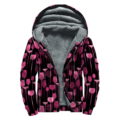 Glasses Of Wine Print Sherpa Lined Zip Up Hoodie