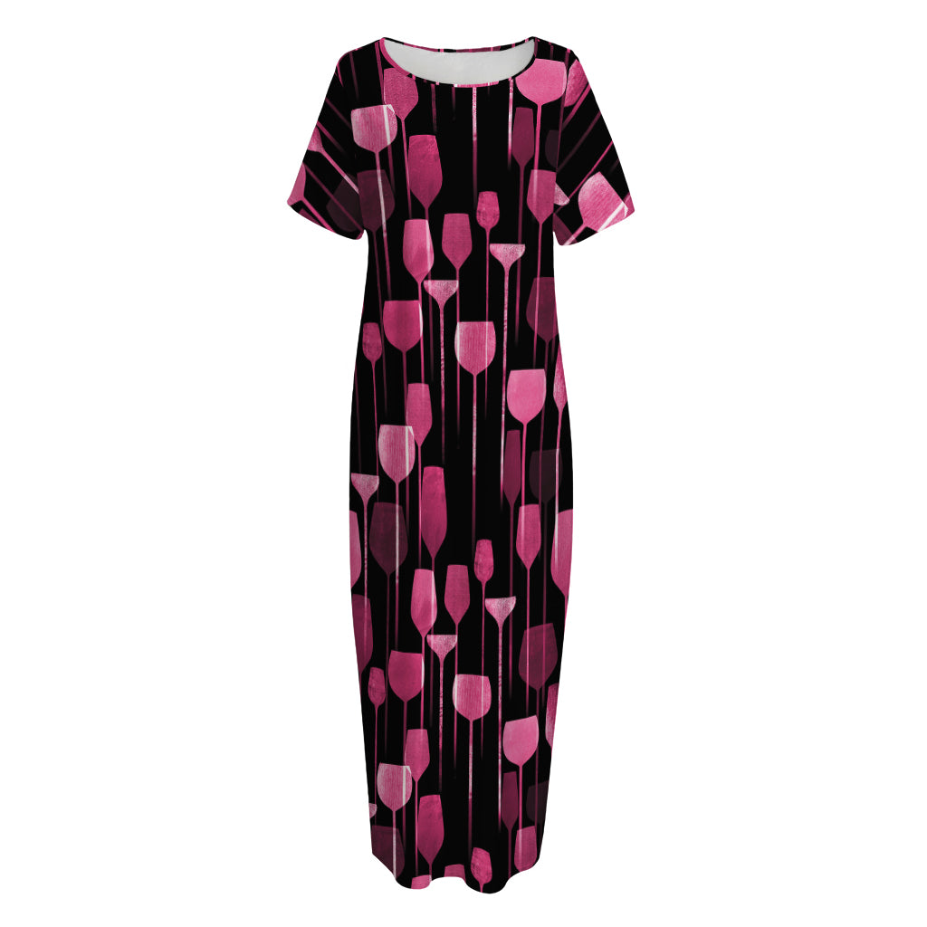 Glasses Of Wine Print Short Sleeve Long Nightdress