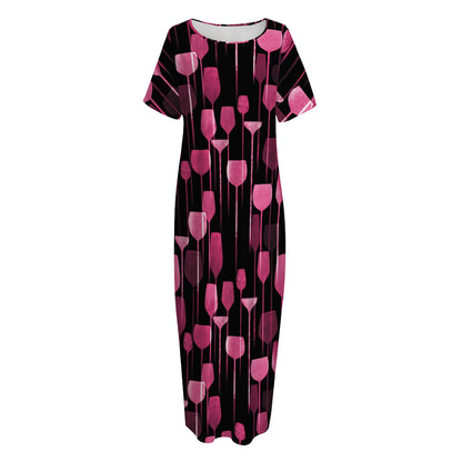 Glasses Of Wine Print Short Sleeve Long Nightdress