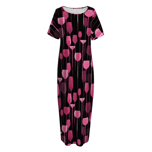 Glasses Of Wine Print Short Sleeve Long Nightdress